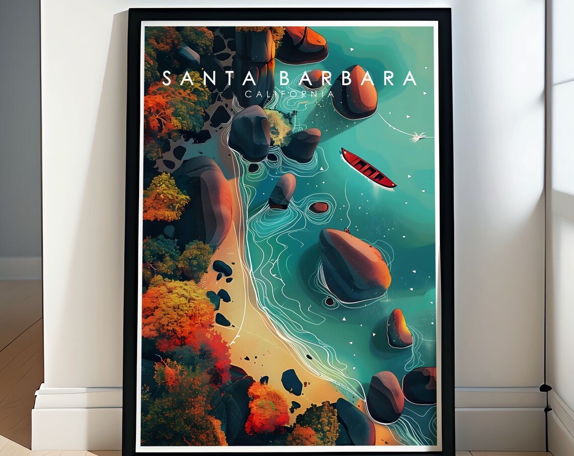 Santa Barbara California Rocky Coast Kayak Aerial Travel Poster