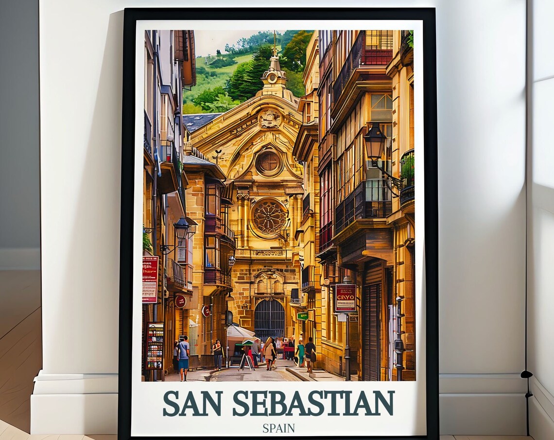 San Sebastian Basque Old Town Church Street Golden Travel Poster