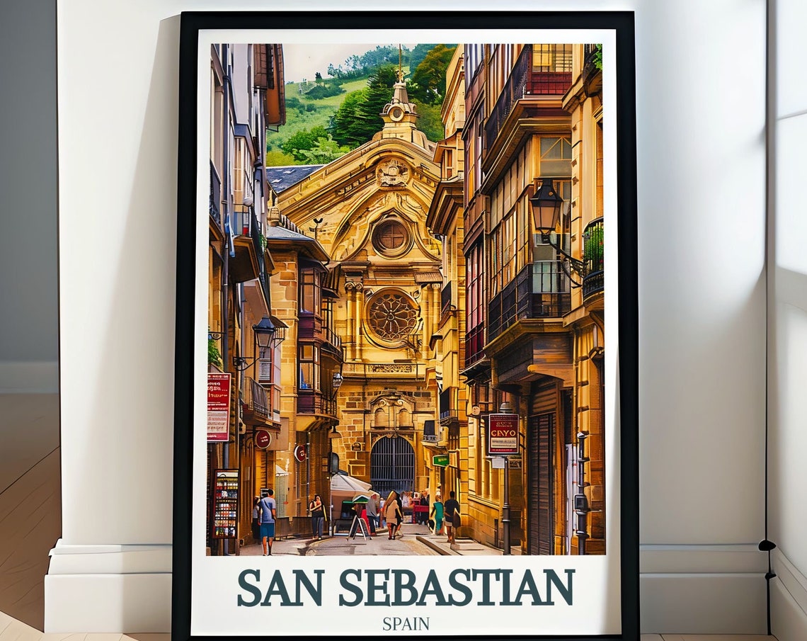 San Sebastian Travel Print Old Town Santa Maria Church Art San Sebastian Prints And Spain Art Gifts San Sebastian Art And Posters