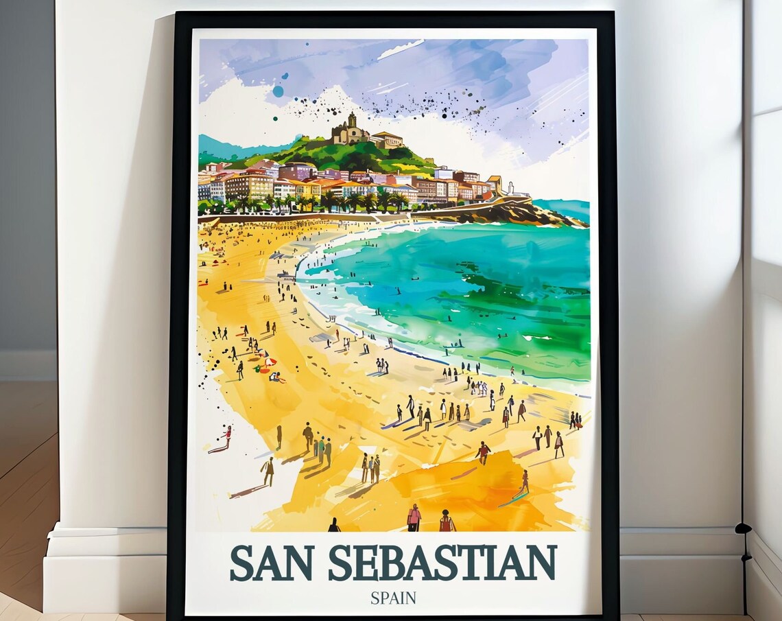 San Sebastian La Concha Beach Golden Watercolor Spain Poster