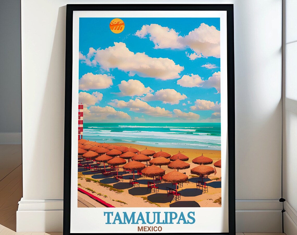Tamaulipas Mexico Beach Palapa Umbrellas Turquoise Ocean Travel Poster