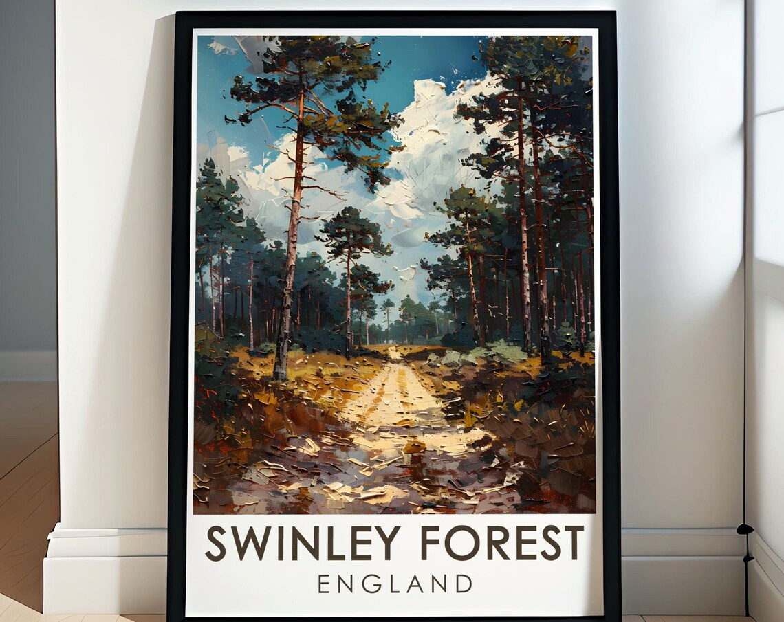 Swinley Forest England Tall Pine Trail Impasto Art Travel Poster