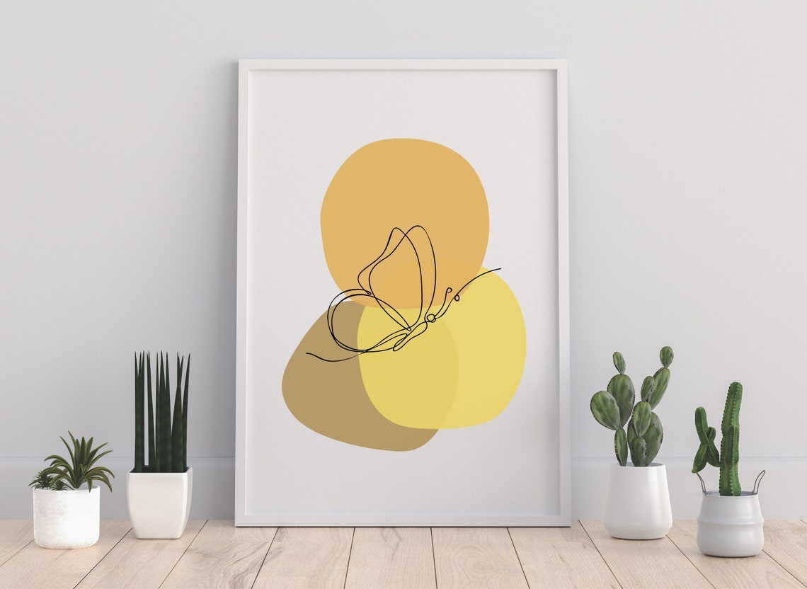 Minimalist Butterfly Line Art Over Mustard Yellow Shapes Boho Wall Art - Image 2