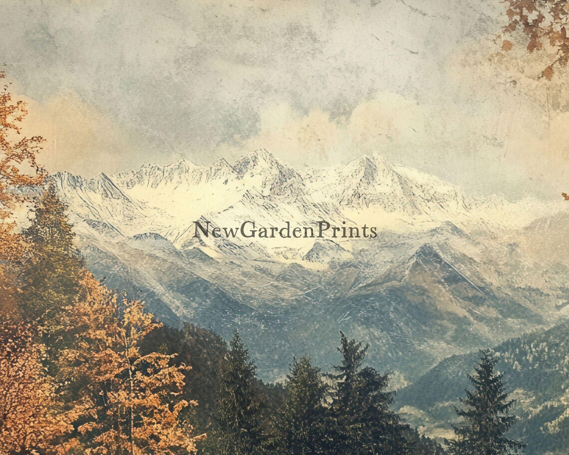 Vintage Autumn Mountain Landscape Golden Trees Snowy Peaks Countryside Poster - Image 3