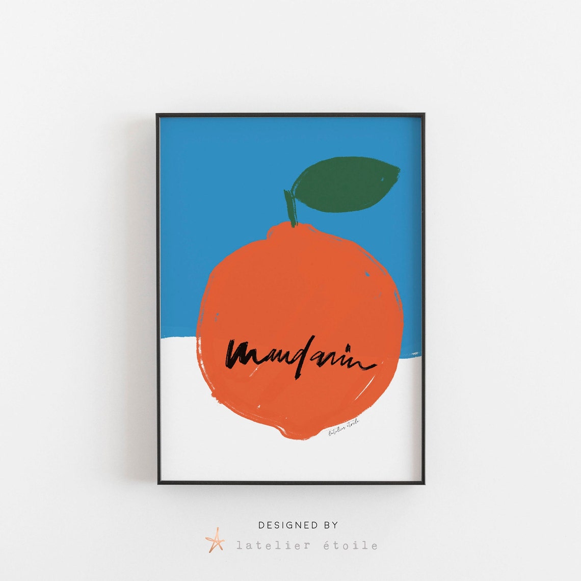 Mandarin Orange Bold Pop Art Blue Kitchen Fruit Illustration Poster