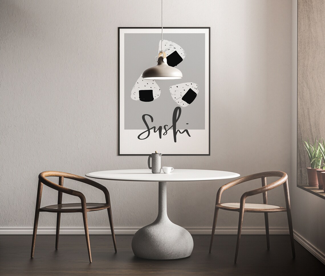 Onigiri Sushi Trio Monochrome Japanese Rice Ball Kitchen Poster - Image 2