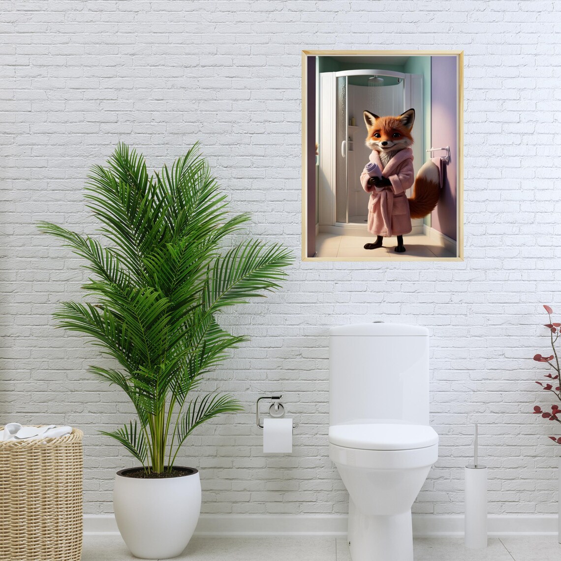 Cute Smiling Fox In Pink Bathrobe Holding Towel In Bathroom Poster - Image 3