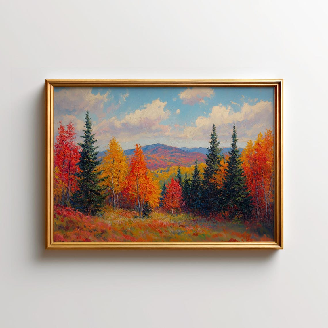 Autumn Forest Painting Red Maple Trees Golden Landscape Poster