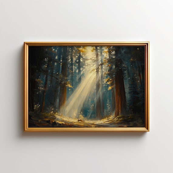 Sunbeams Streaming Through Dark Pine Forest Oil Painting Poster