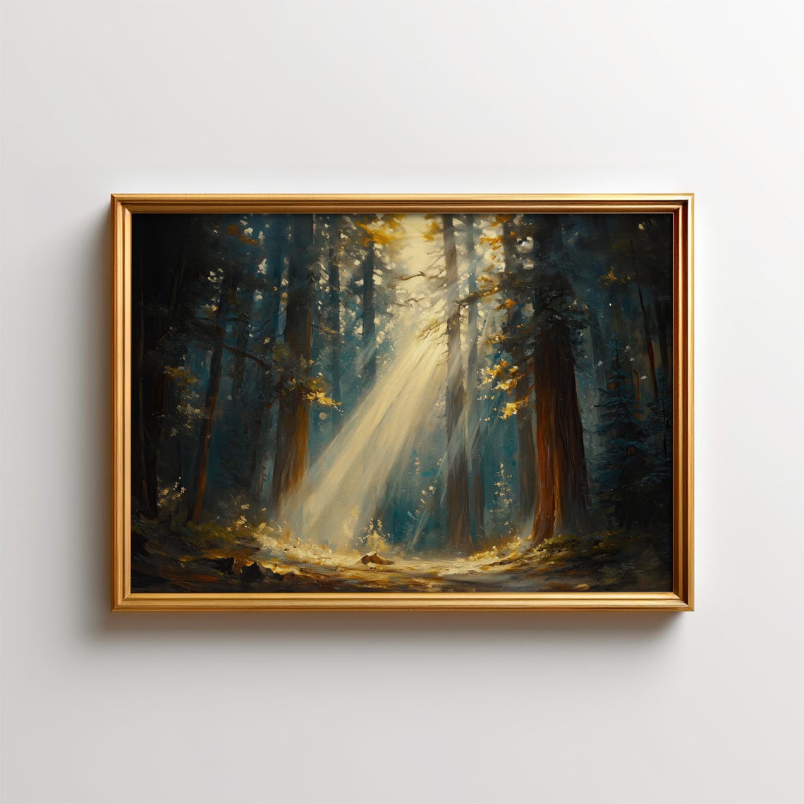 Sunbeams Streaming Through Dark Pine Forest Oil Painting Poster