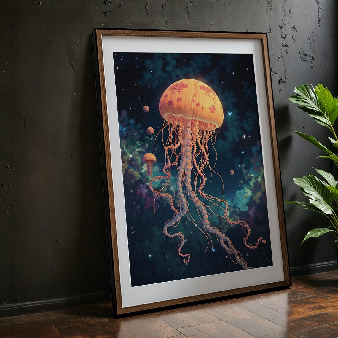Cosmic Jellyfish Glowing Orange Deep Space Nebula Art Poster