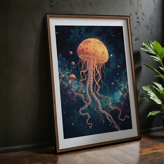 Cosmic Jellyfish Glowing Orange Deep Space Nebula Art Poster