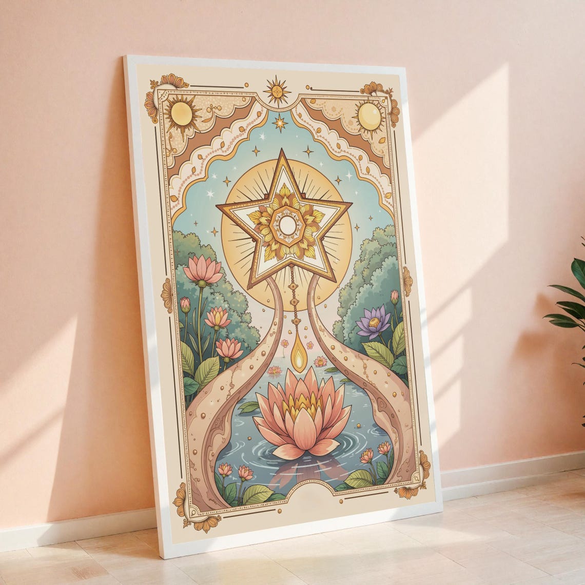 Star Tarot Celestial Lotus Floral Mystical Illustration Poster