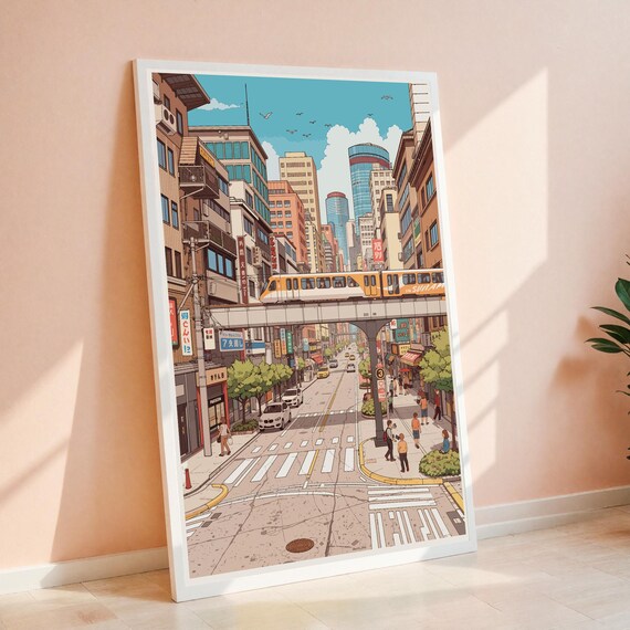 Retro Anime Tokyo City Street Elevated Train Japan Travel Poster