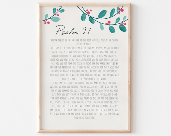Psalm 91 Full Passage Bible Verse Red Berry Garland Scripture Wall Art