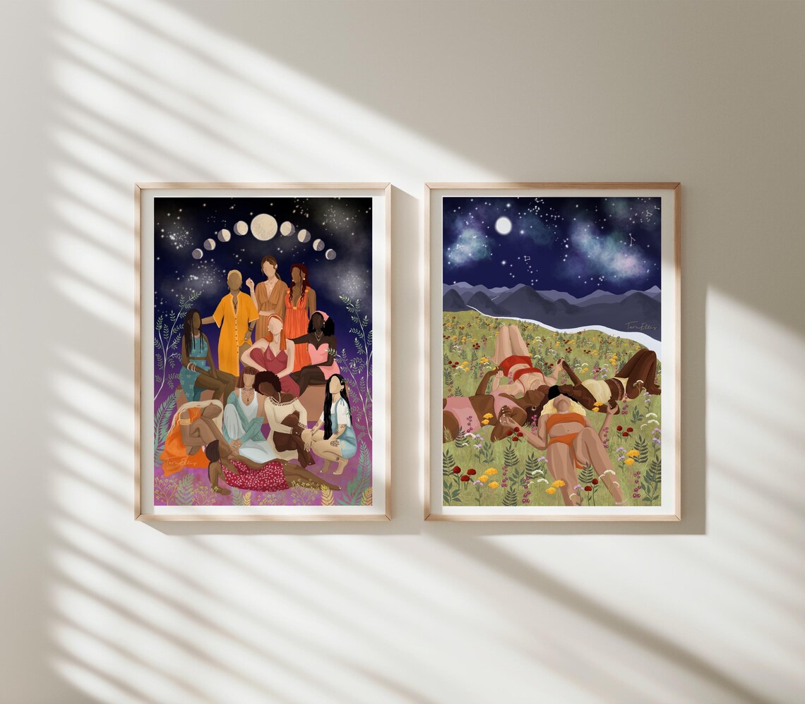 Women Unite Diverse Friends Under Moon Phases Starry Night Poster - Image 2
