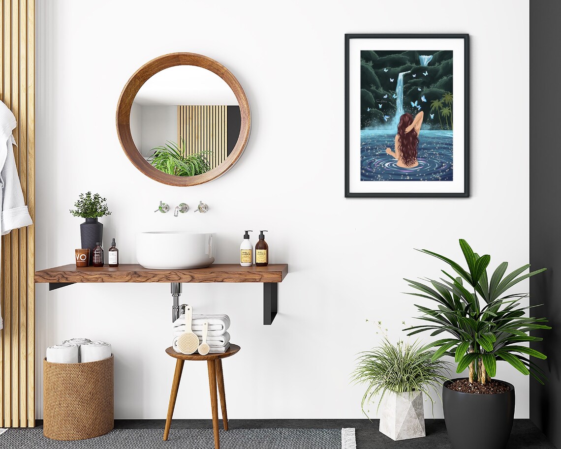 Butterfly Pool Art Print, Tropical Waterfall Illustration - Image 2