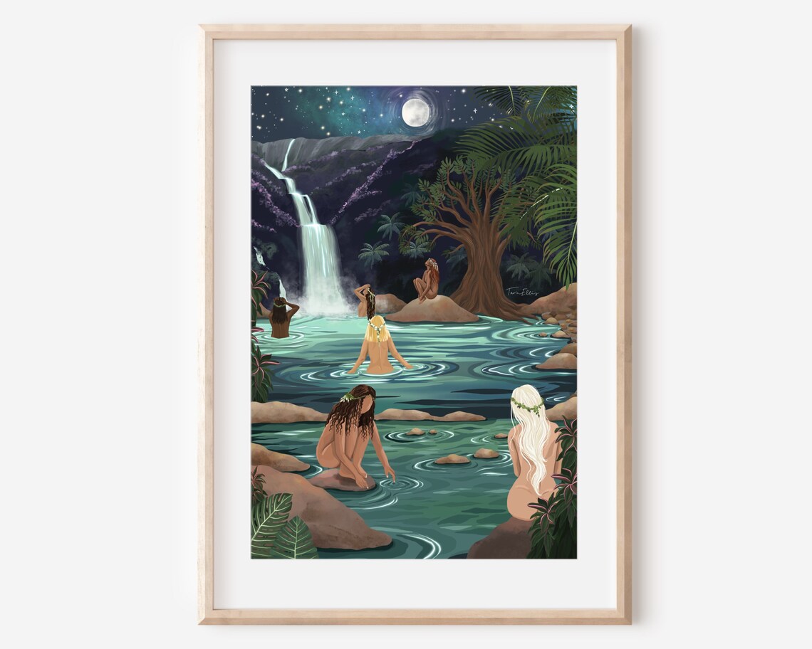 River Bathing Women and Waterfall Spiritual Art Print