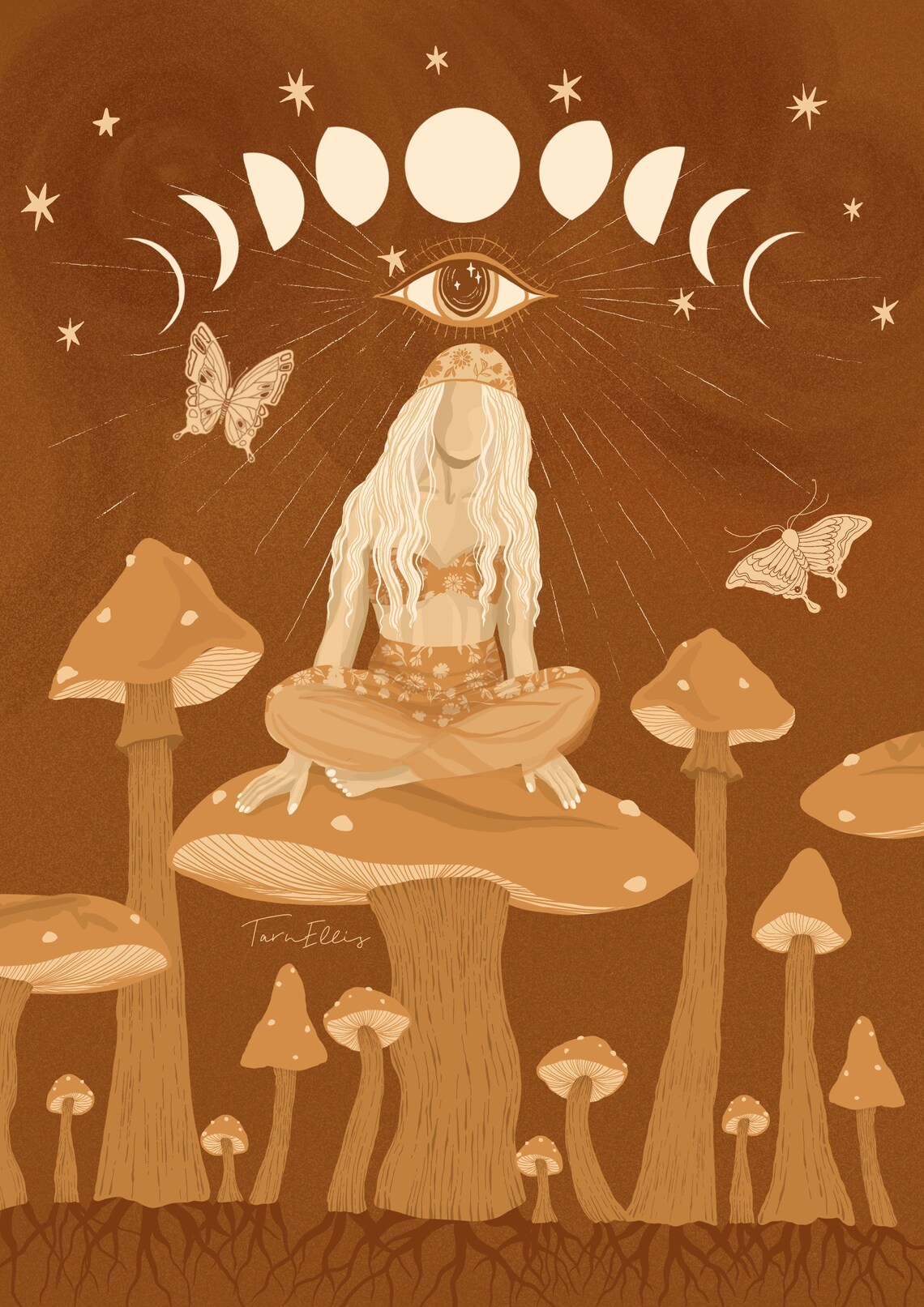 Moon Phases Retro Mushroom Meditation Third Eye Spiritual Poster - Image 3