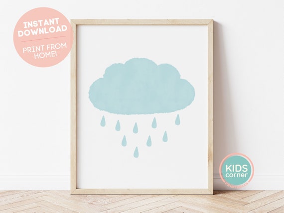 Blue Cloud And Rain Print Blue Cloud And Rain Nursery Decor Soft Blue Playroom Art Instant Blue Wall Art