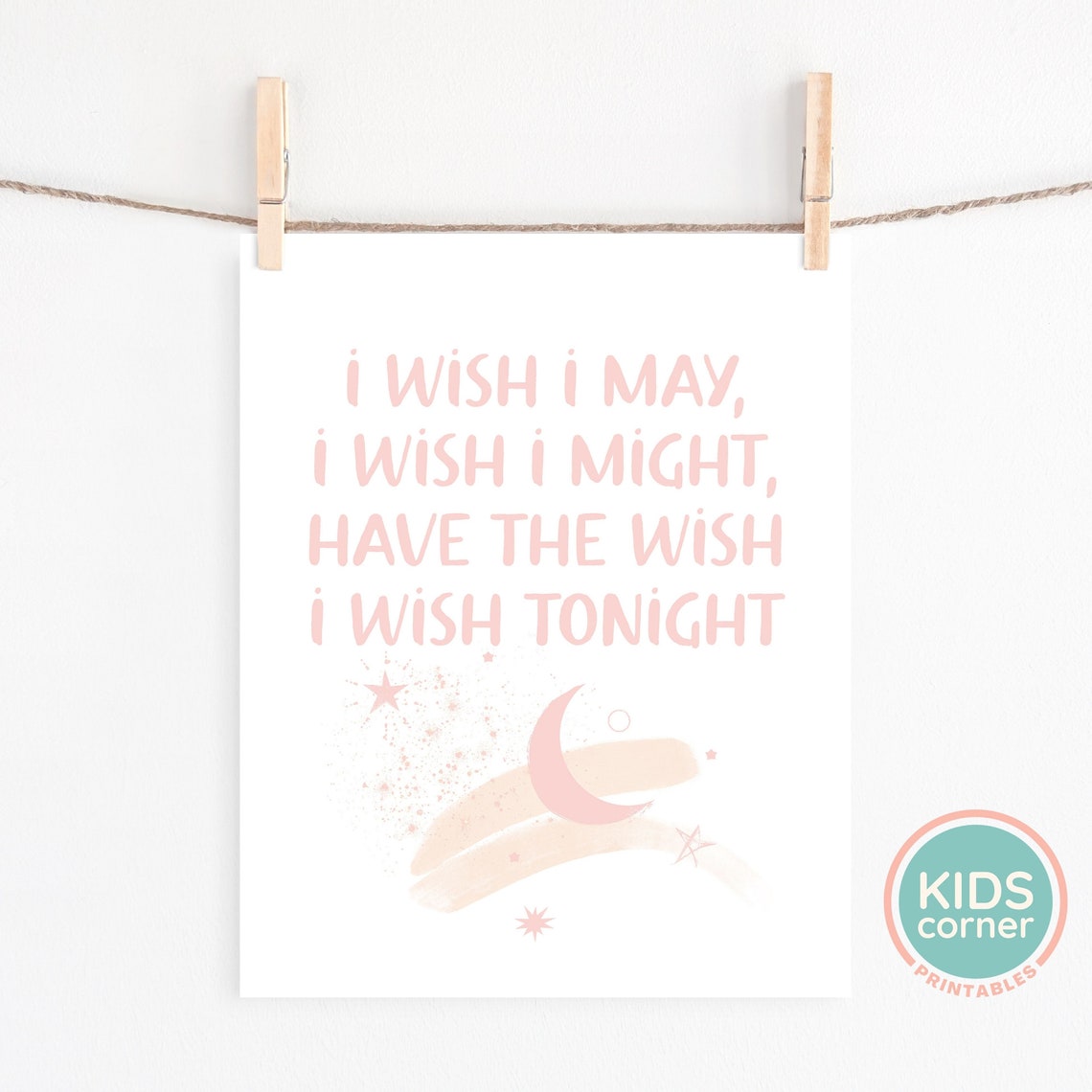 I Wish I May I Wish I Might Pink Moon and Stars Bedtime Quote Poster - Image 2