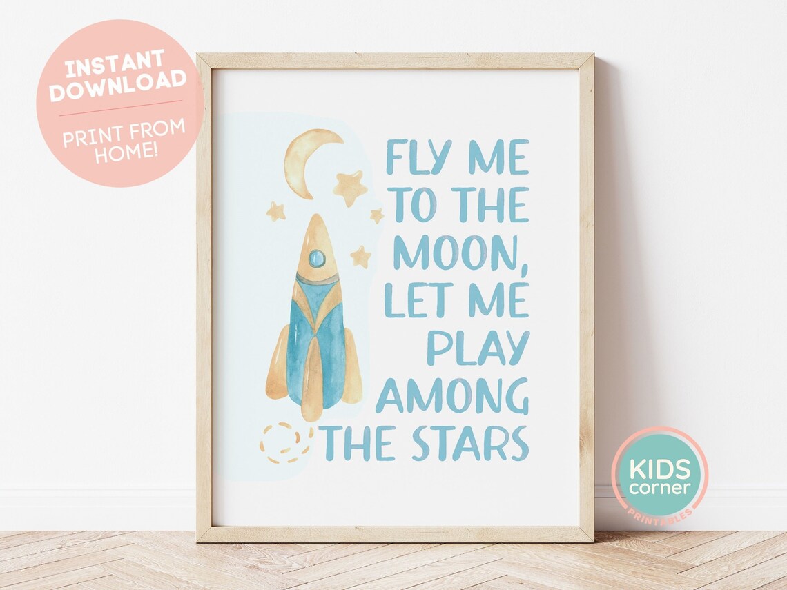 Rocket Ship Print, Moon and Stars Kids Decor
