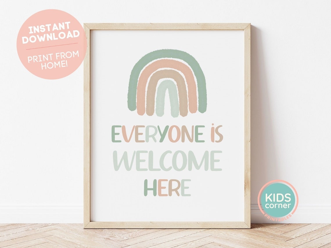 Everyone Is Welcome Here Pastel Rainbow Nursery Quote Poster - Image 3