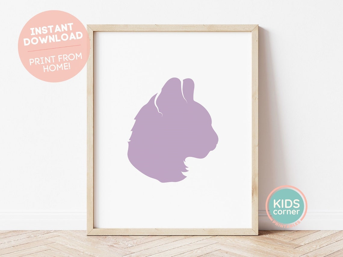 Purple Cat Silhouette Poster Minimalist Pet Art Nursery Design
