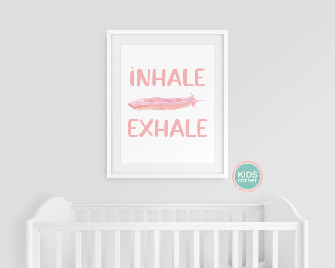 Inhale Exhale Pink Watercolor Feather Mindfulness Breathing Poster - Image 3
