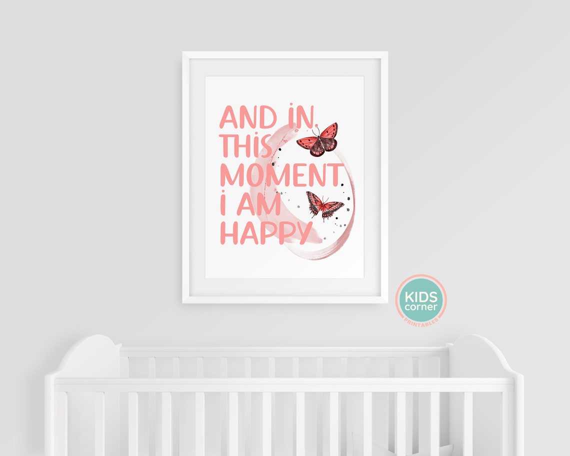 In This Moment I Am Happy Coral Butterfly Quote Poster for Kids - Image 3
