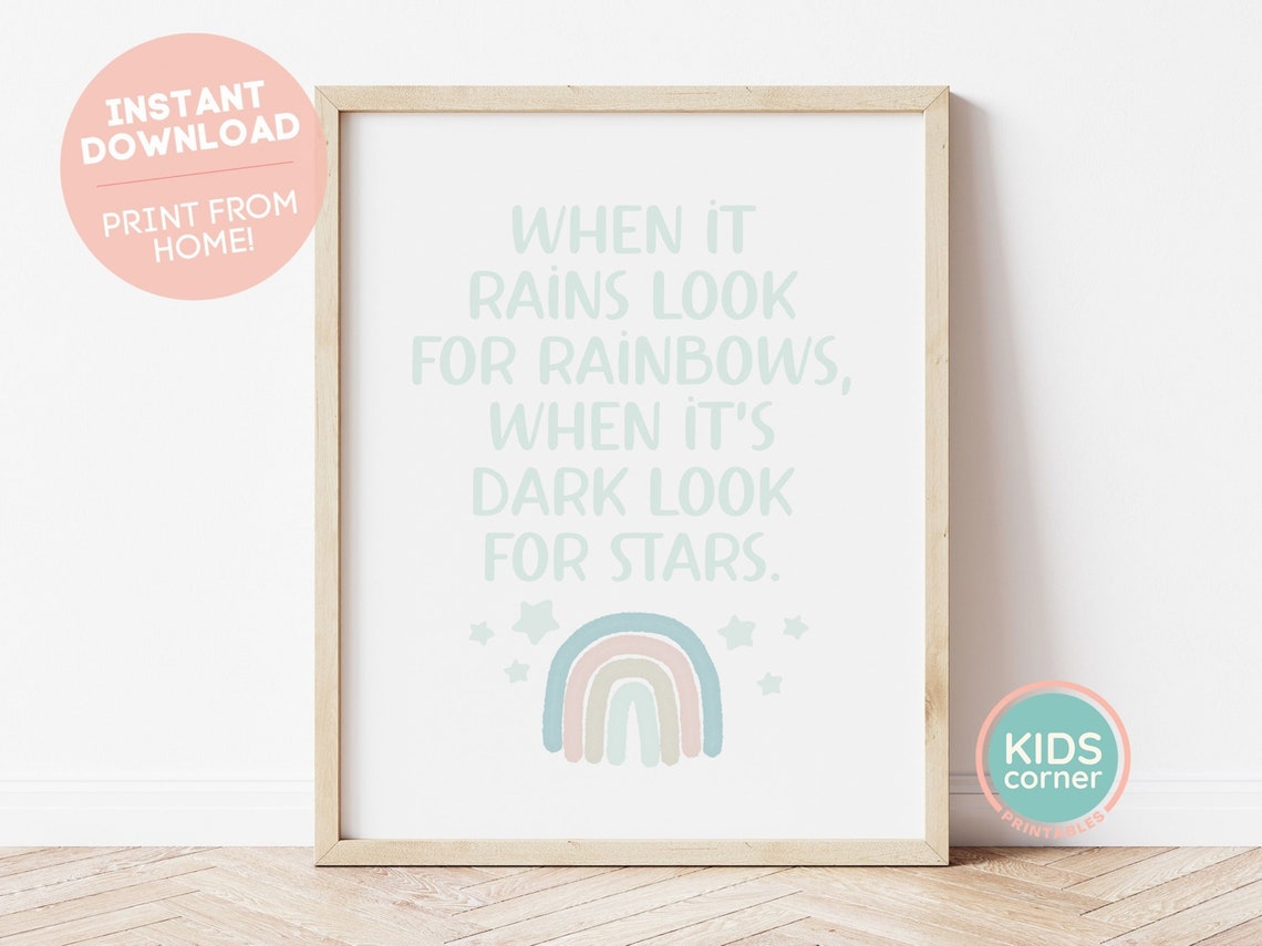 When It Rains Look For Rainbows Kids Mint Nursery Quote Poster