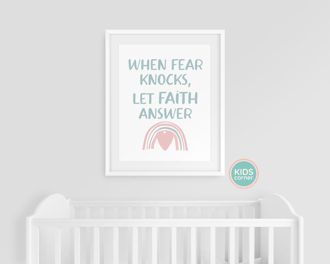 When Fear Knocks Let Faith Answer Rainbow Arch Teal Lettering Quote Poster - Image 3