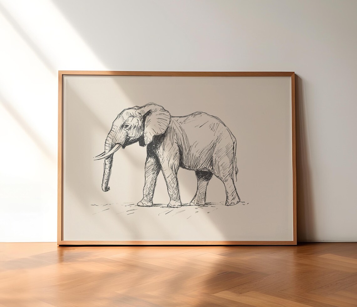 Elephant Walking Profile Minimal Ink Sketch Safari Animal Poster - Image 2