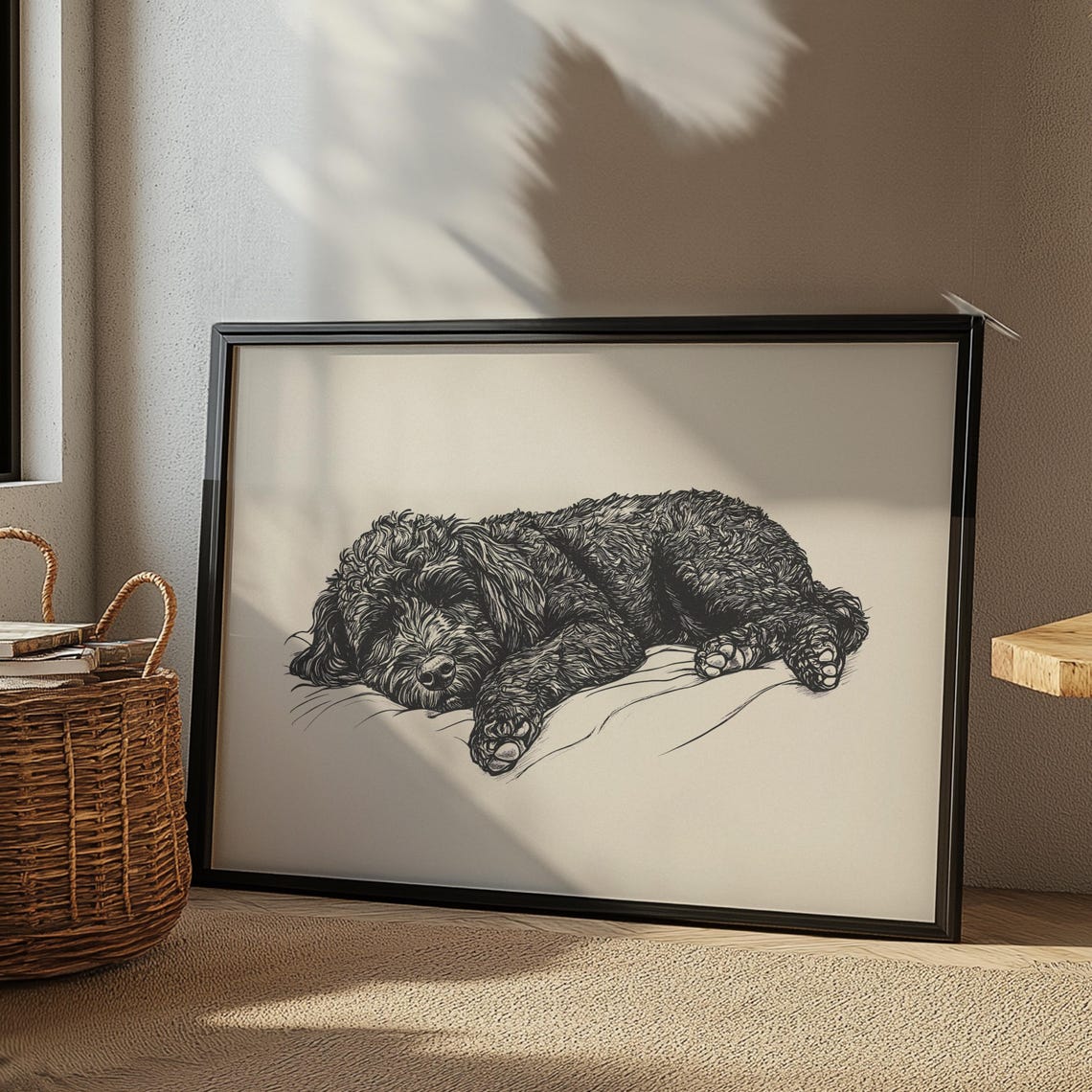 Sleeping Labradoodle Poster Dog Vintage Print Dog Wall Art Antique Retro Painting Country Wall Art Dog Drawing Farmhouse Print - Image 3