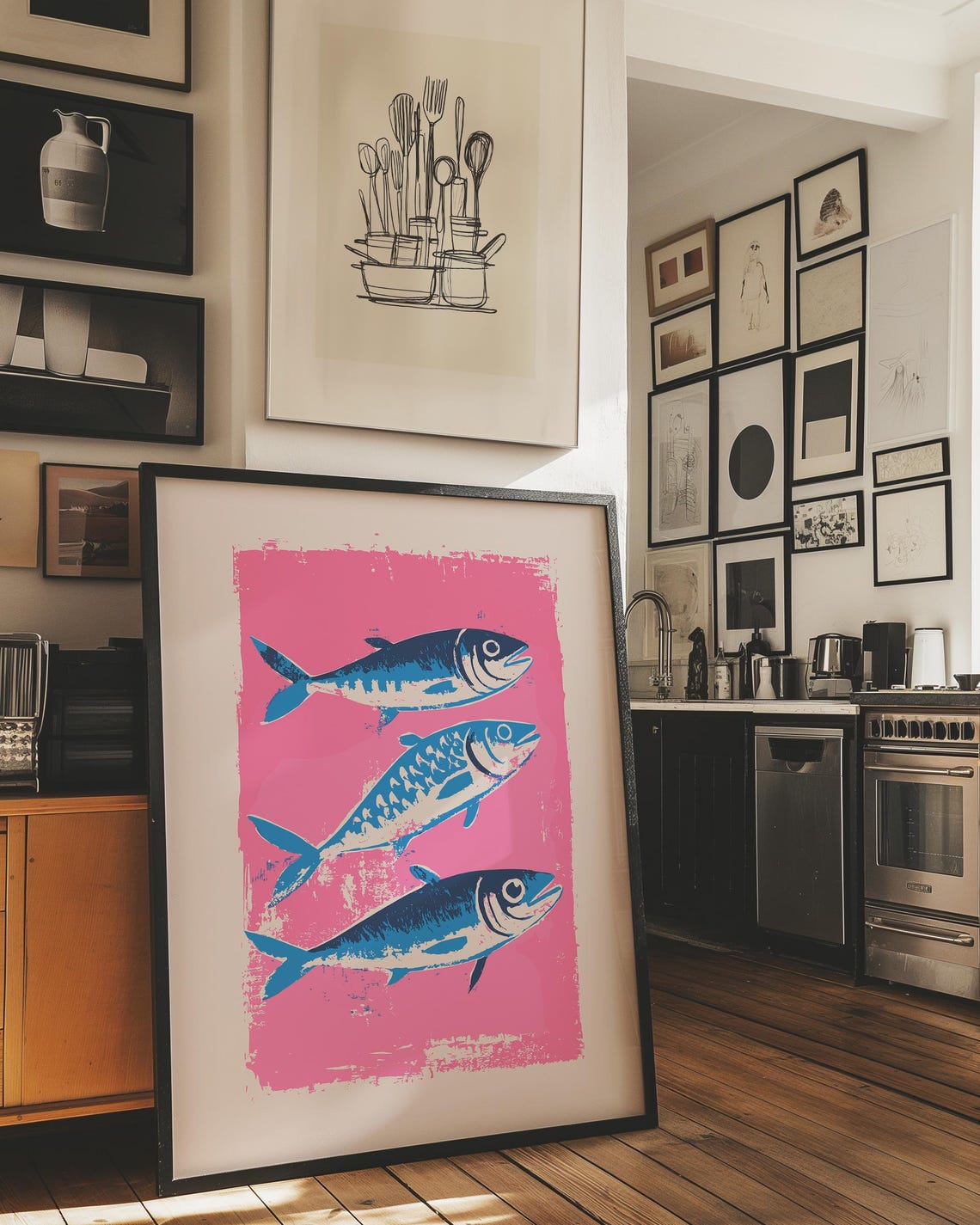 Blue Pink Fish Wall Art Mackerel Retro Poster Farmhouse Kitchen Drawing Fish Art Kitchen Print Trendy Food Art Vintage Kitchen Art - Image 3