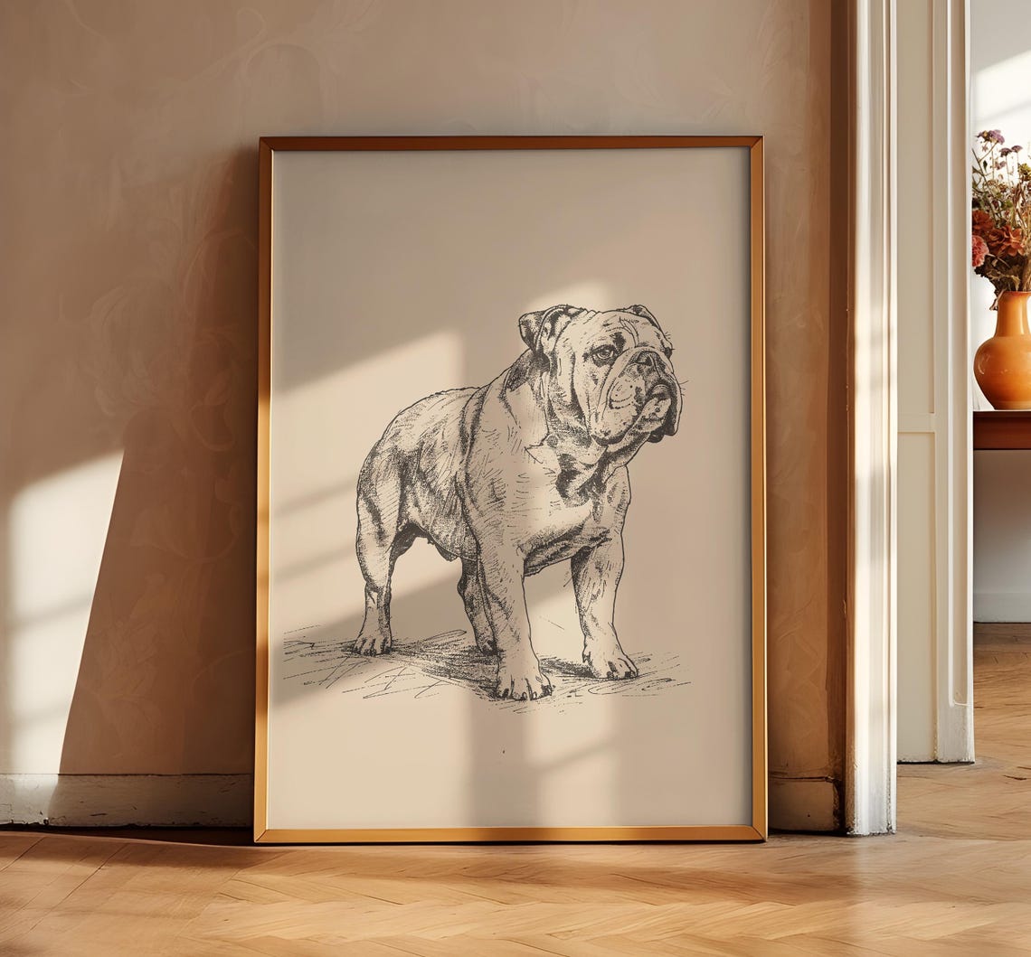 English Bulldog Illustration Dog Vintage Print Dog Wall Art Decor Antique Retro Painting Country Wall Art Dog Drawing Bulldog Sketch - Image 2