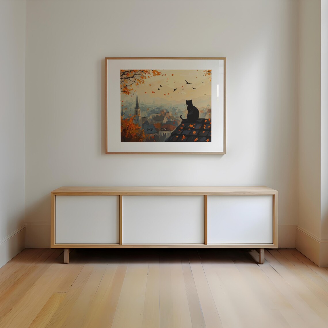 Black Cat On Rooftop Overlooking Autumn Town Painting Poster - Image 2