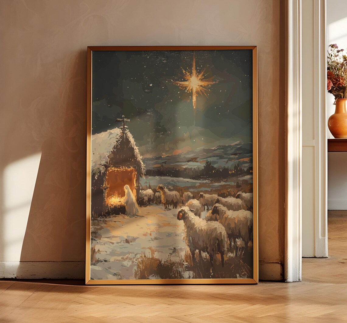 Nativity Scene Birth of Jesus Star of Bethlehem Night Art Poster - Image 2