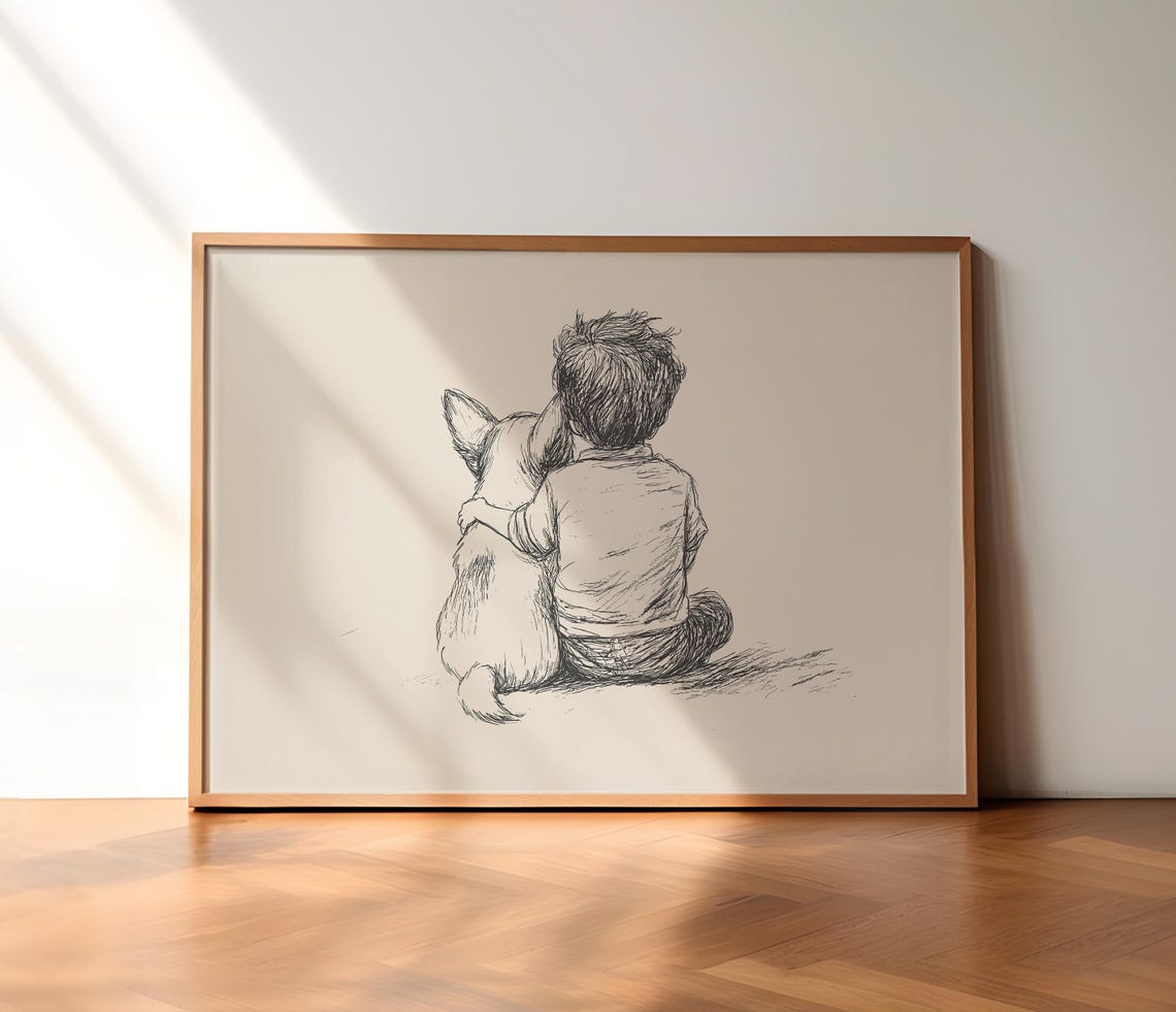 Corgi And Boy Nursery Print Dog Nursery Art Kids Room Retro Poster Corgi Puppy Sketch Art Neutral Dog Drawing Boys Room Painting Decor - Image 3