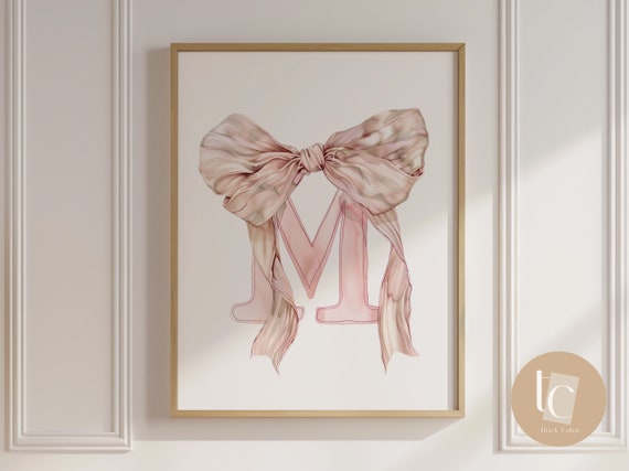 Baby Initial Pink M Watercolor Nursery Vintage Bow Print Ribbon Wall Art Prints Girl Decor Alphabet