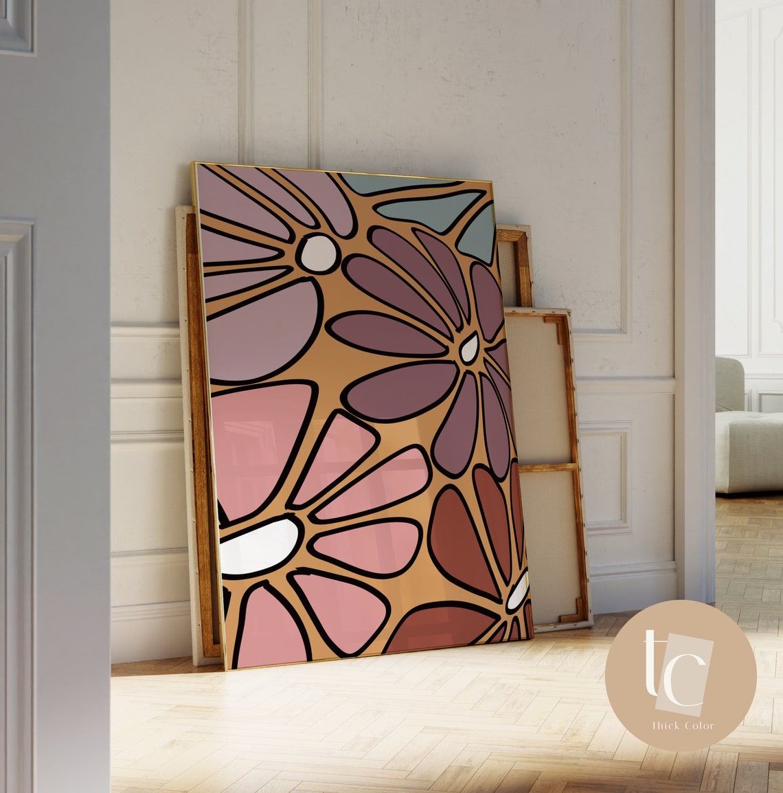 Retro Mauve Pink And Teal Stylized Flower Pattern Botanical Wall Art