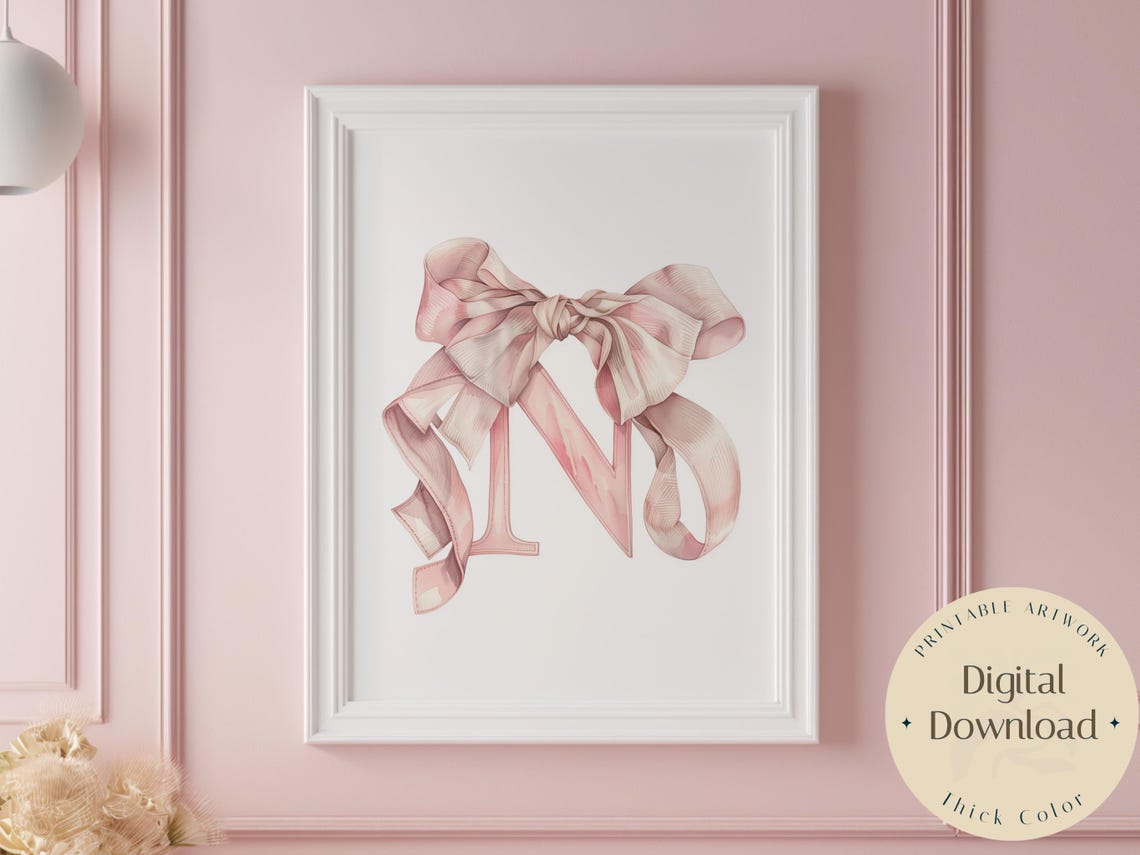Watercolor Letter N Initial Nursery Poster with Pretty Pink Bow Art