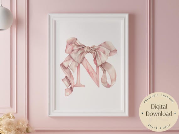 Baby Initial Pink N Watercolor Nursery Vintage Bow Print Ribbon Wall Art Prints Girl Decor Alphabet