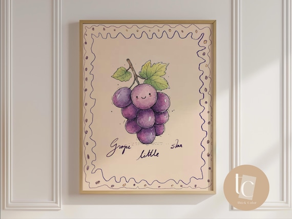 Grape Little Star Smiling Fruit Pun Watercolor Kids Nursery Decor Poster