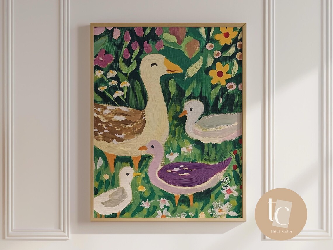 Silly Goose Ducks Nursery Poster with Folk Art Geese in a Flower Meadow