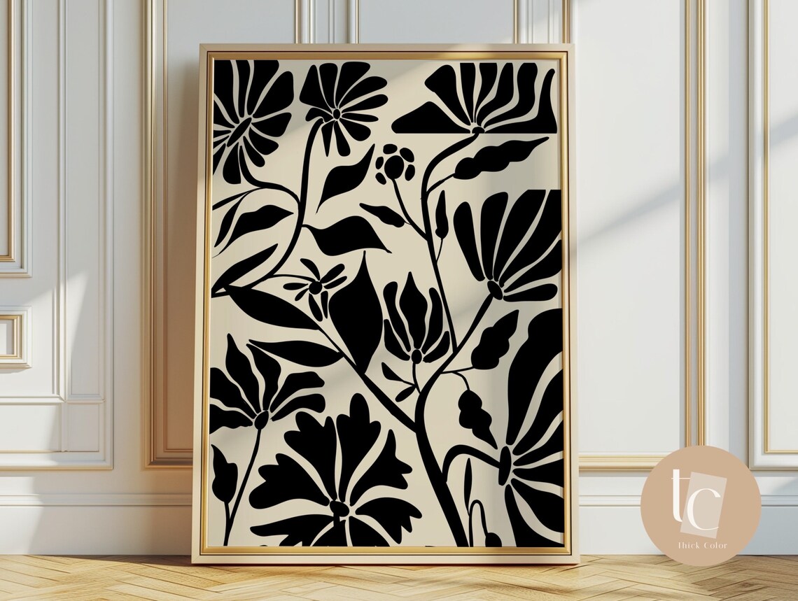 Bold Black Botanical Flower Silhouettes on Cream Floral Art Poster