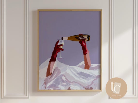 Wine O Clock Ski And Bedsheet Print Summer Pool Wall Art Vacation Modern Blue Canvas Original Home Decor Sunbathing
