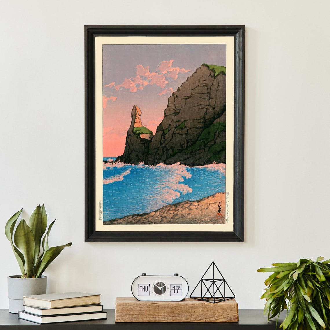 Japanese Sea Cliffs Sunset Beach Woodblock Style Coastal Poster - Image 3