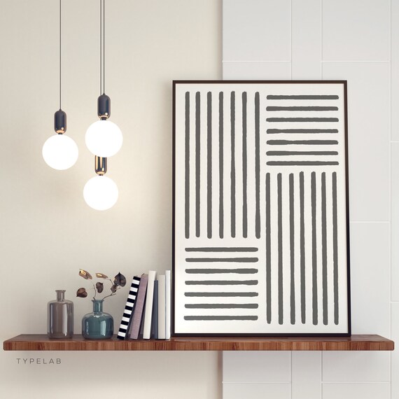 Abstract Line Print Minimalist Wall Art Charcoal Grey Monochrome Wall Decor Brush Stroke Geometric Poster