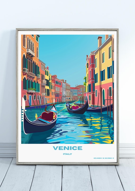 Venice Italy Grand Canal Gondolas Colorful Vintage Style Travel Poster